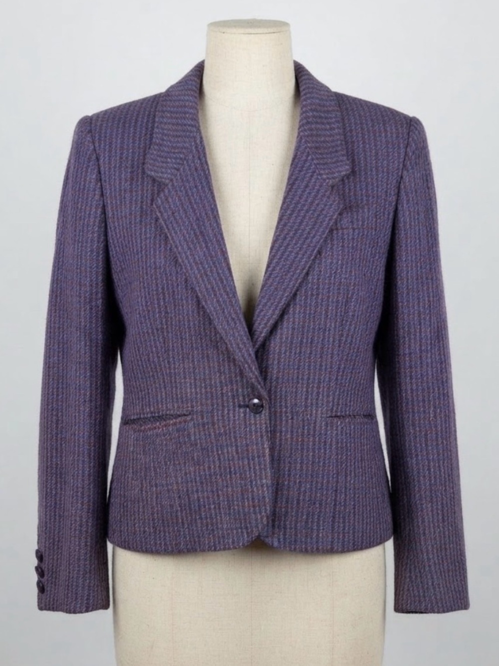 Vintage The Villager Petites 10 Purple Plaid Tweed Wool Blazer Jacket USA Made